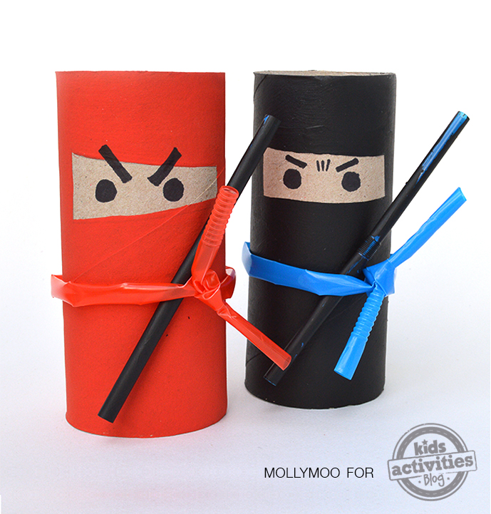 Ninjas red and black made from plastic straws, paint, and toilet paper rolls