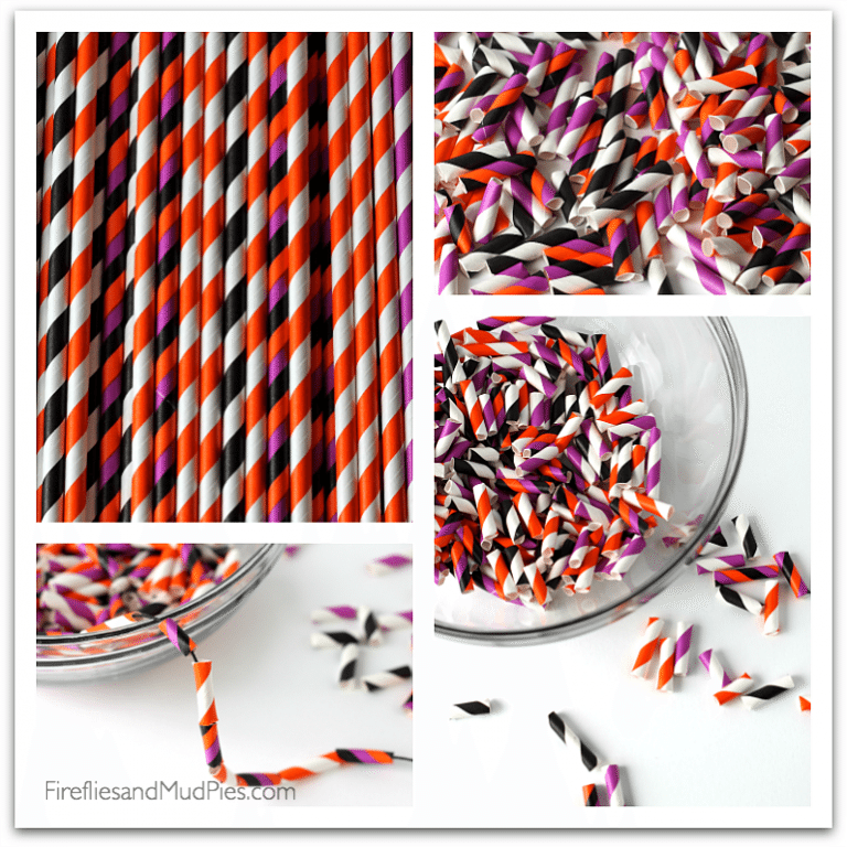 Halloween paper straw necklaces, orange and white straws, black and white straws, purple and white straws, black purple and black straws