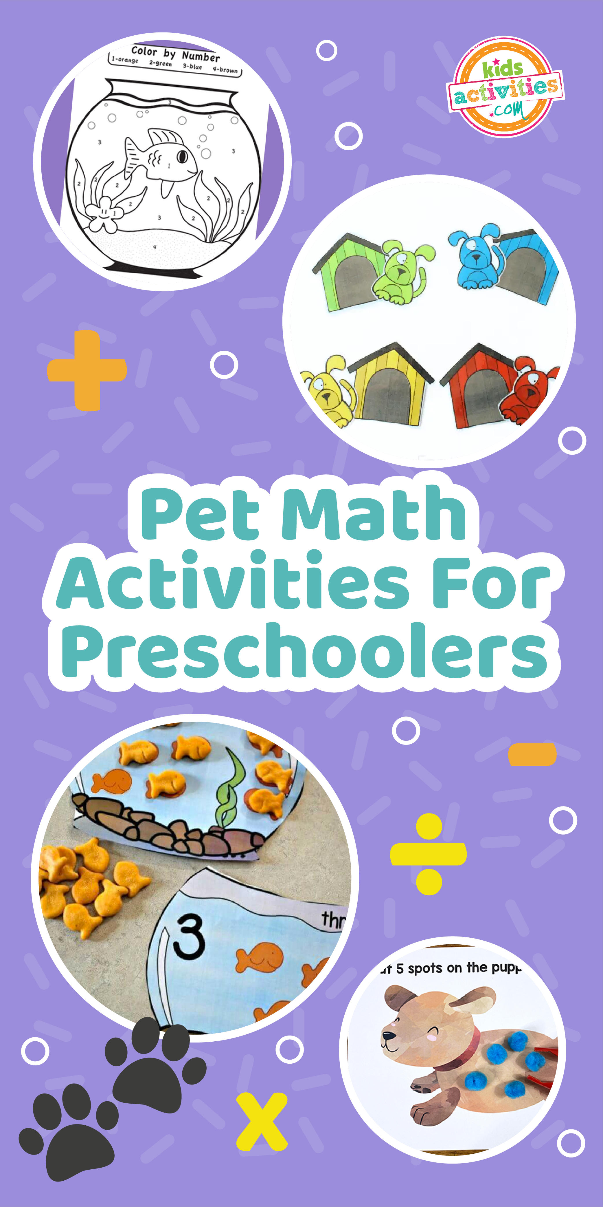 Image shows a compilation of pet math activities for preschoolers from different sources.