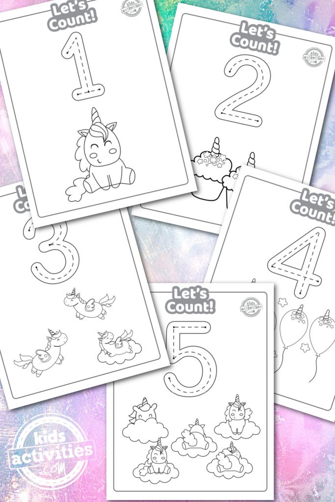 Unicorn number worksheets for preschool - Kids Activities Blog - unicorn activity sheets for preschoolers and toddlers - printed number worksheet pdf shown on colorful background