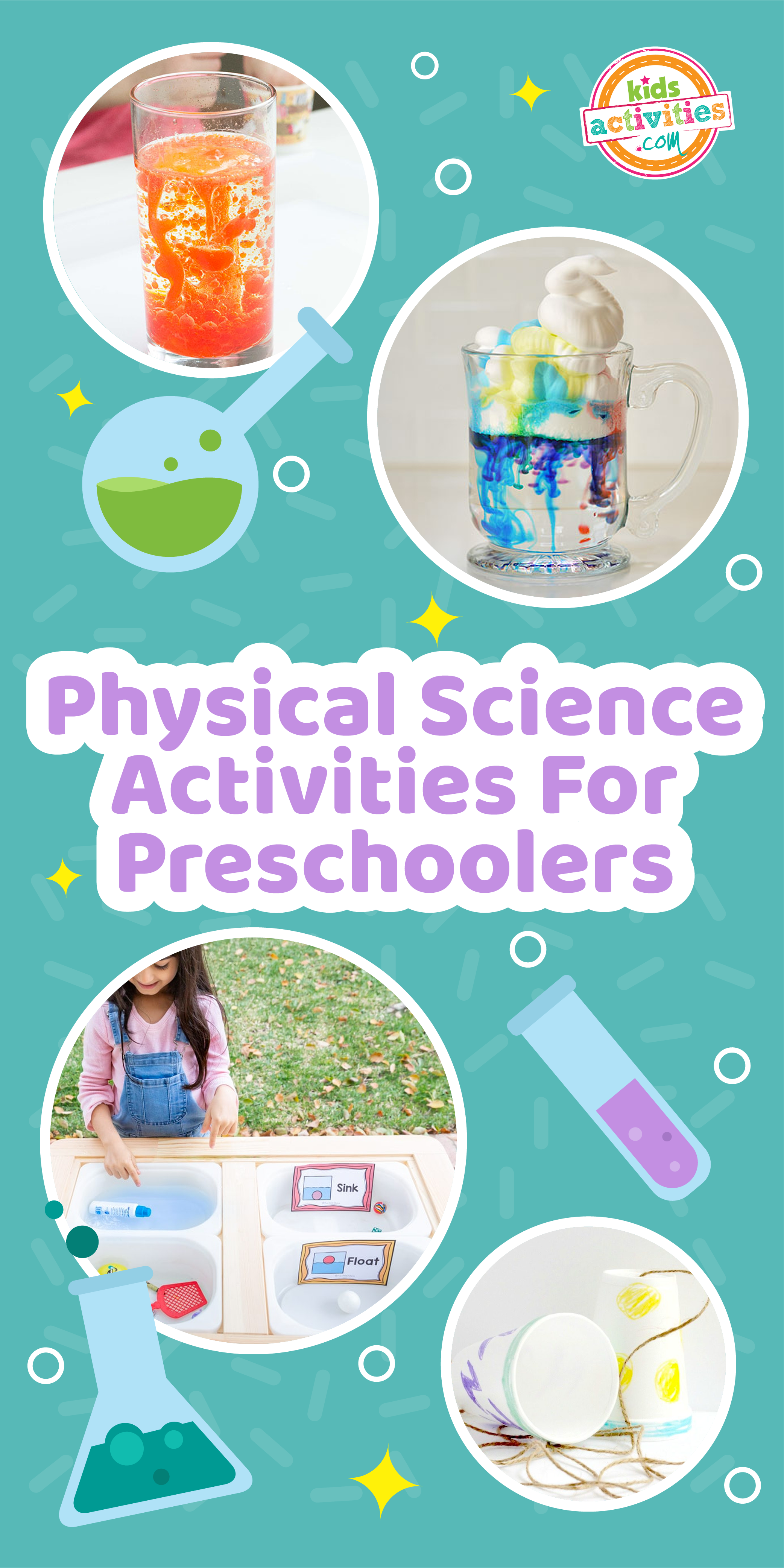 Image shows a compilation of physical science activities for preschoolers from different sources. 