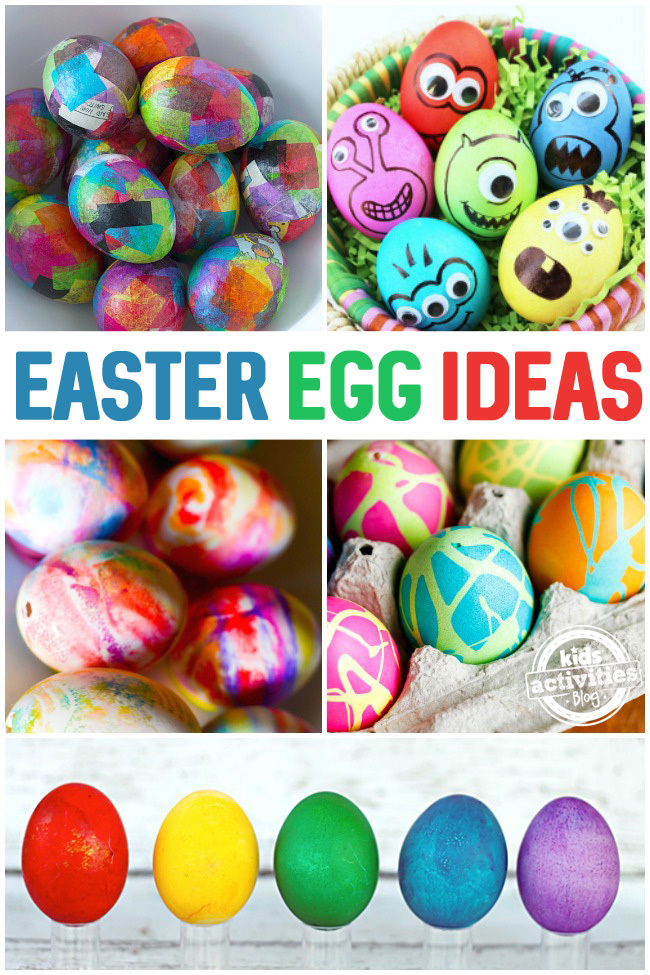 35 Ways to Decorate Easter Eggs - collage of Easter egg designs and egg decorating ideas for kids