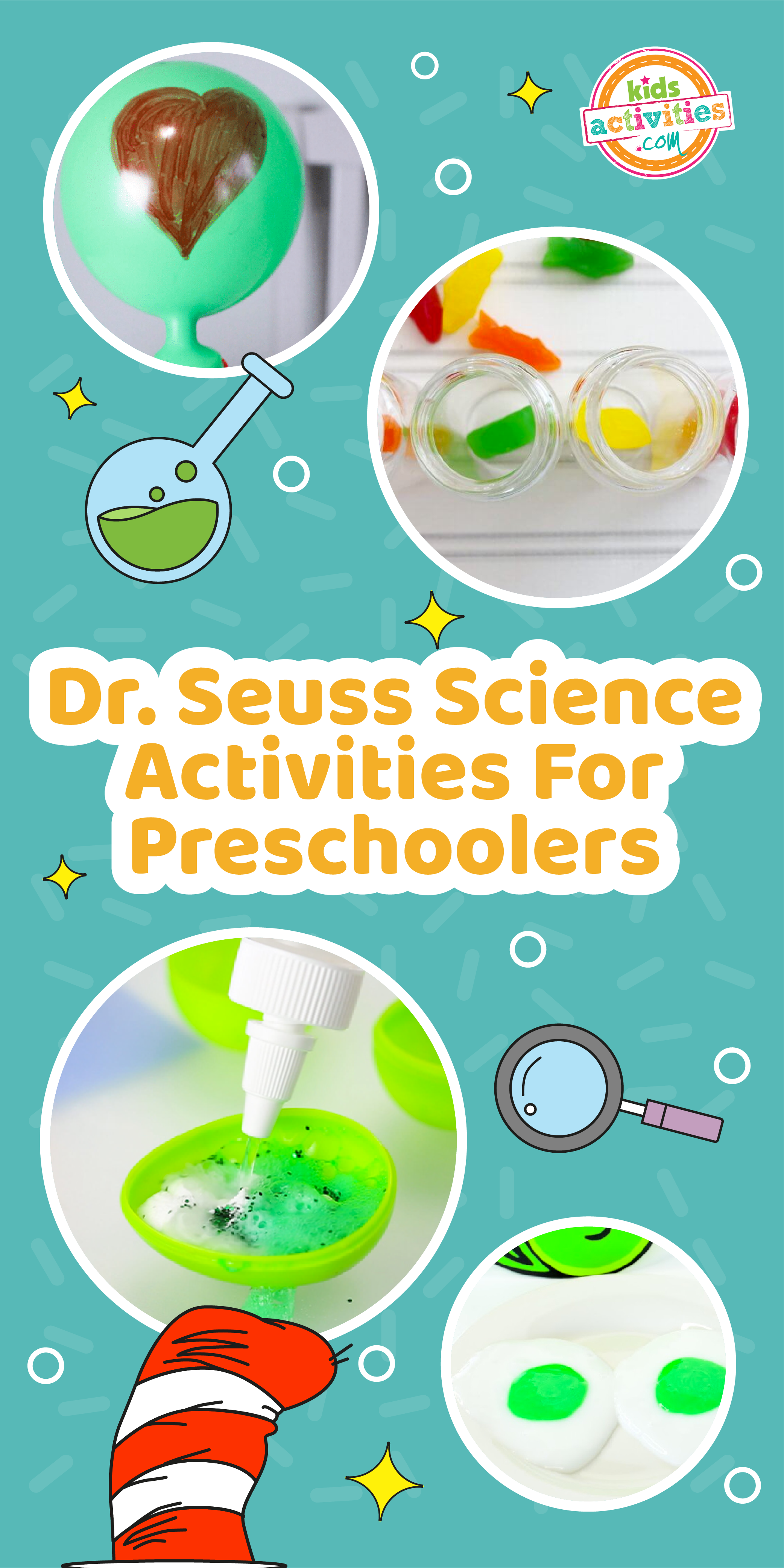 Image shows a compilation of different dr. seuss science activities for preschoolers. 