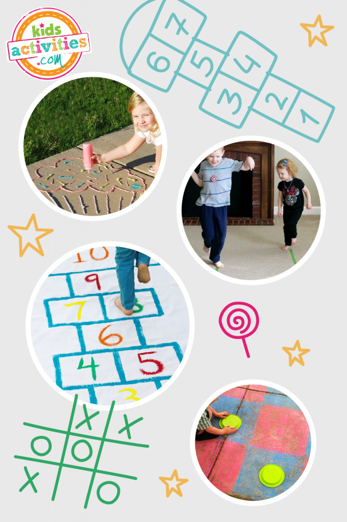 Image shows a compilation of movement activities for children, like hopscotch or hula hoops. 
